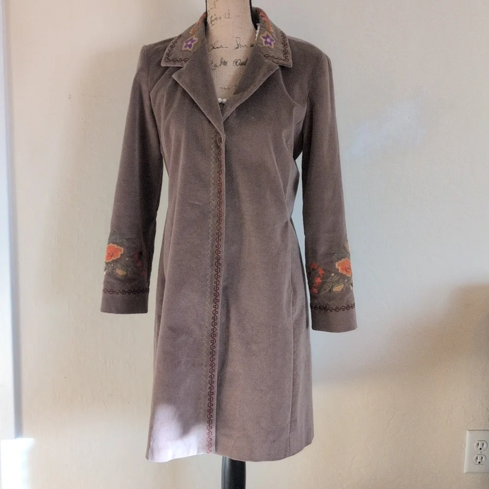 J. Jill Brown Velvet Embroidered Trench Coat Size XS - Picture 2 of 13